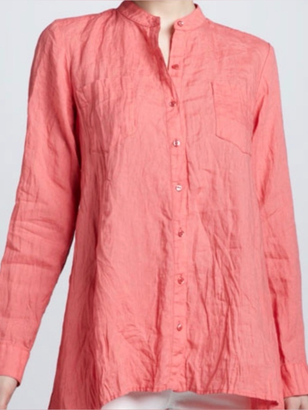 Eileen Fisher Organic Handkerchief Linen Mandarin Collar Boxy Shirt Coral/Pink M